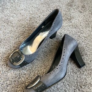 Vintage Franco Sarto Gray Suede Block Heel Pumps with Buckle